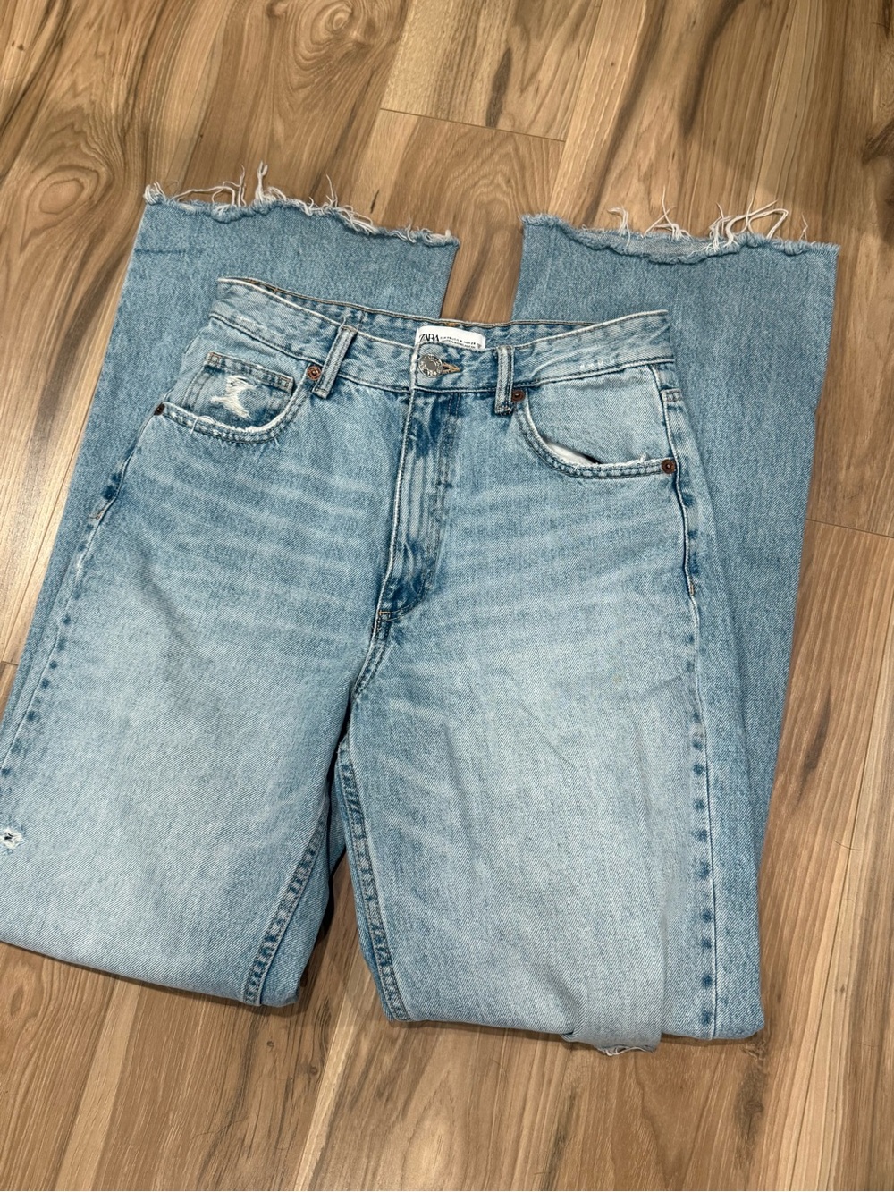 Zara Light Blue High-Rise Straight Leg Jeans with Raw Hem